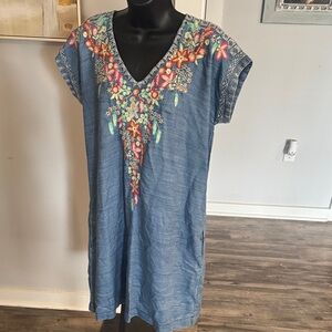 Embroidered Denim Dress with Floral Design